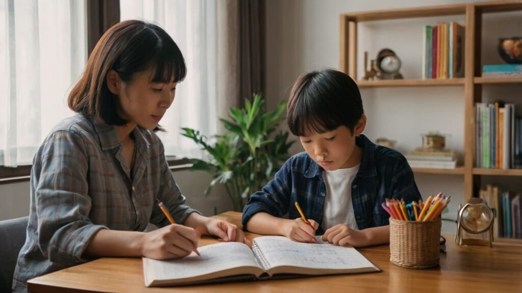 子どもに勉強を教えるお母さん