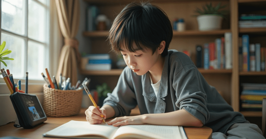 自宅で勉強をしている小学生