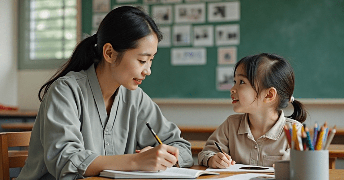 子どもに勉強を教えるお母さん