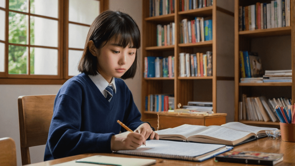 家で勉強する中学生