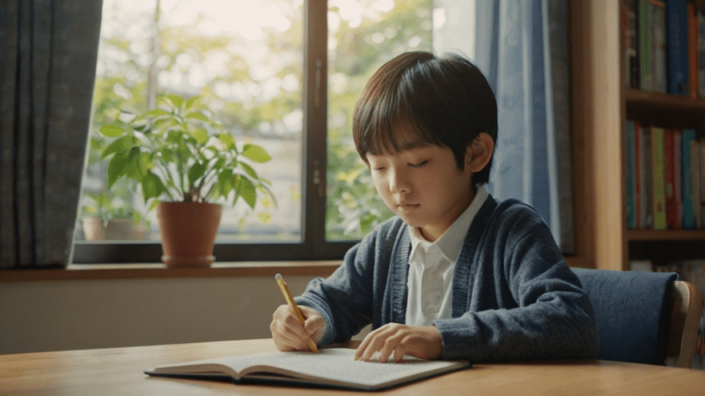 自宅で勉強する男の子