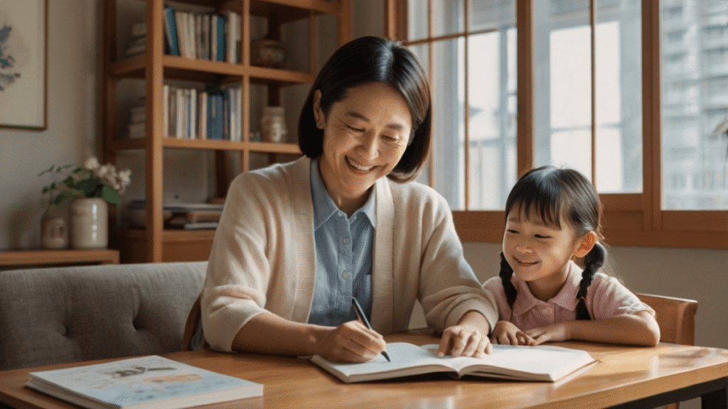 子どもと一緒に勉強する母親