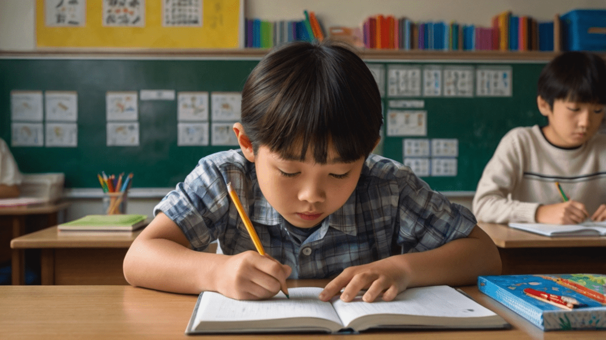 熱心に勉強する小学生