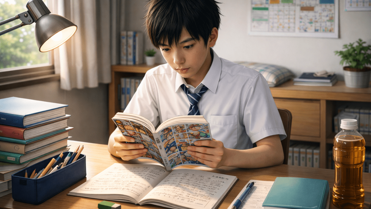 マンガで勉強する中学生